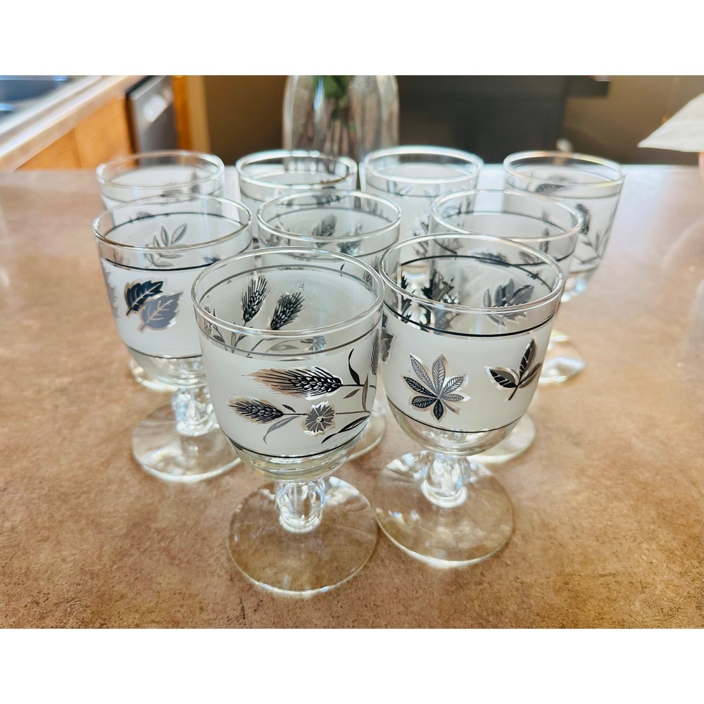 Vintage Mid Century Frosted Silver Leaf Wheat Stemmed Glasses Set of 9 MCM 6"